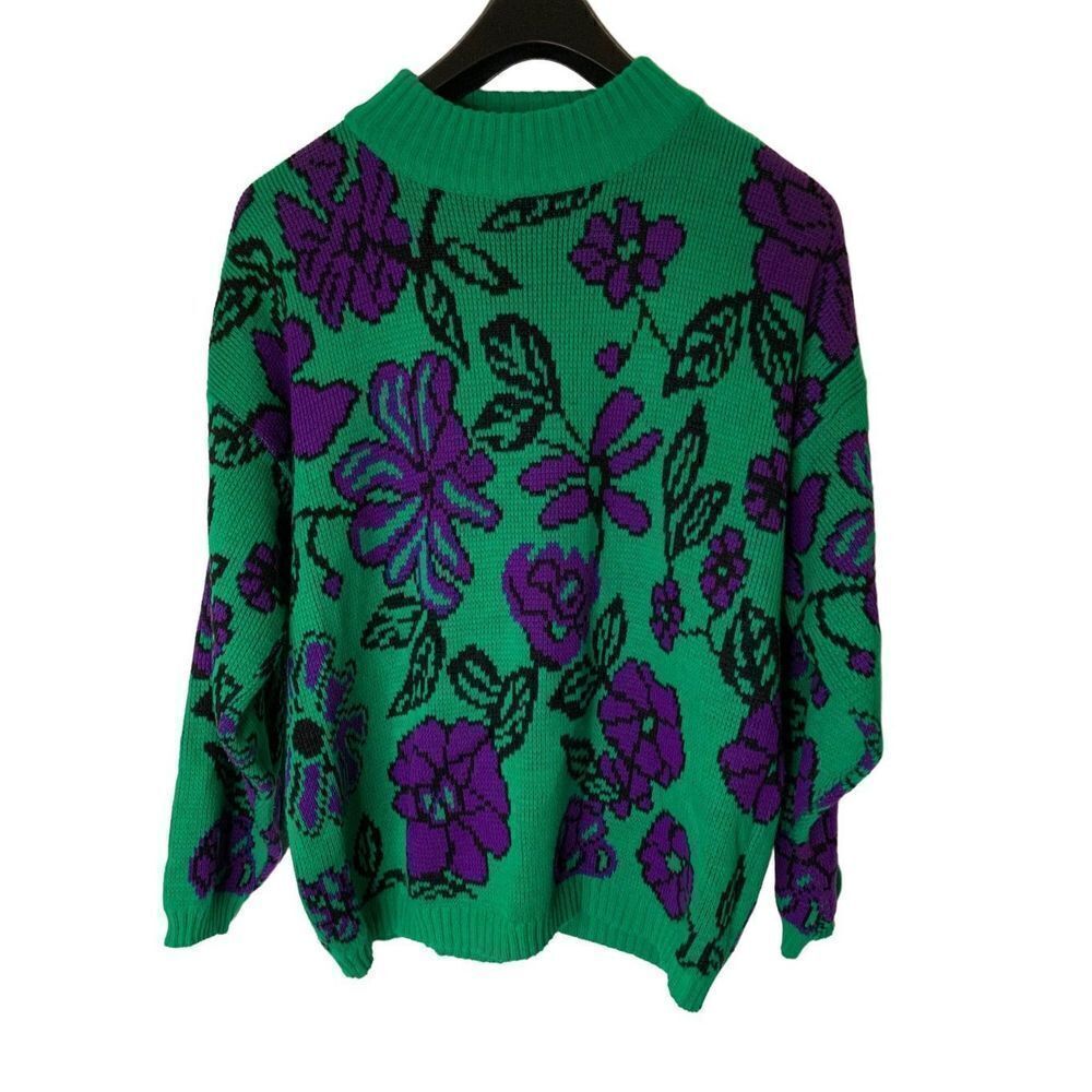 Vintage floral sweater International Stefano Sportswear green purple size large